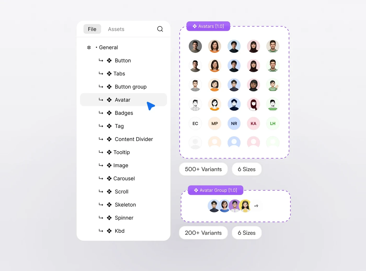 The Orvain Figma file's Assets panel open on the Avatar component, beside the Avatars component set and its variant counts